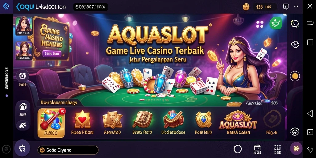 Tampilan aplikasi AQUASLOT yang menampilkan dealer dan permainan Live Casino.