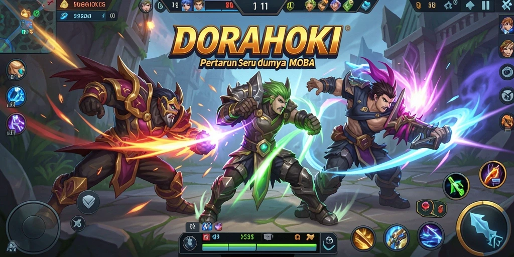 Tangkapan layar gameplay DORAHOKI yang menampilkan aksi MOBA yang intens.