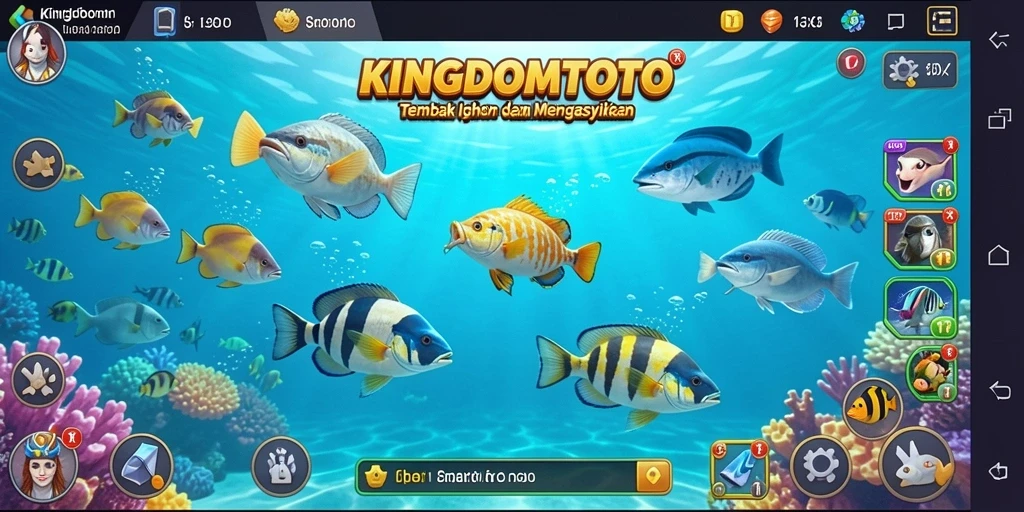 Tampilan gameplay KINGDOMTOTO dengan berbagai ikan dan senjata yang menarik.