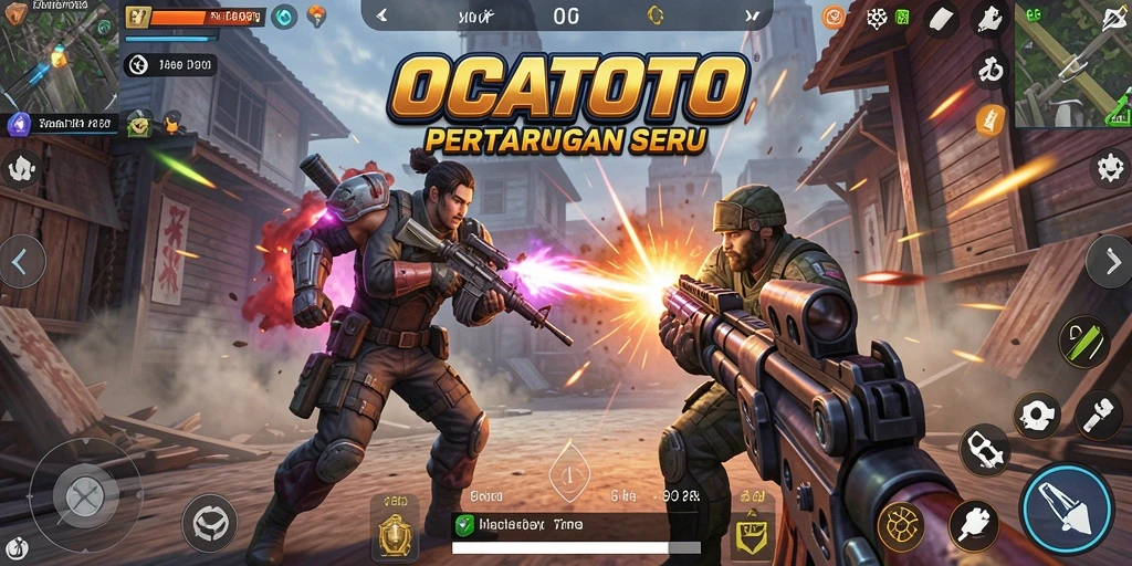 Tampilan screenshot utama OCATOTO menampilkan aksi seru dalam gameplay TPS.