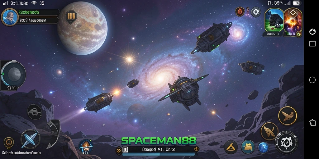 Screenshot dari gameplay SPACEMAN88 yang menunjukkan menara pertahanan dan serangan alien.
