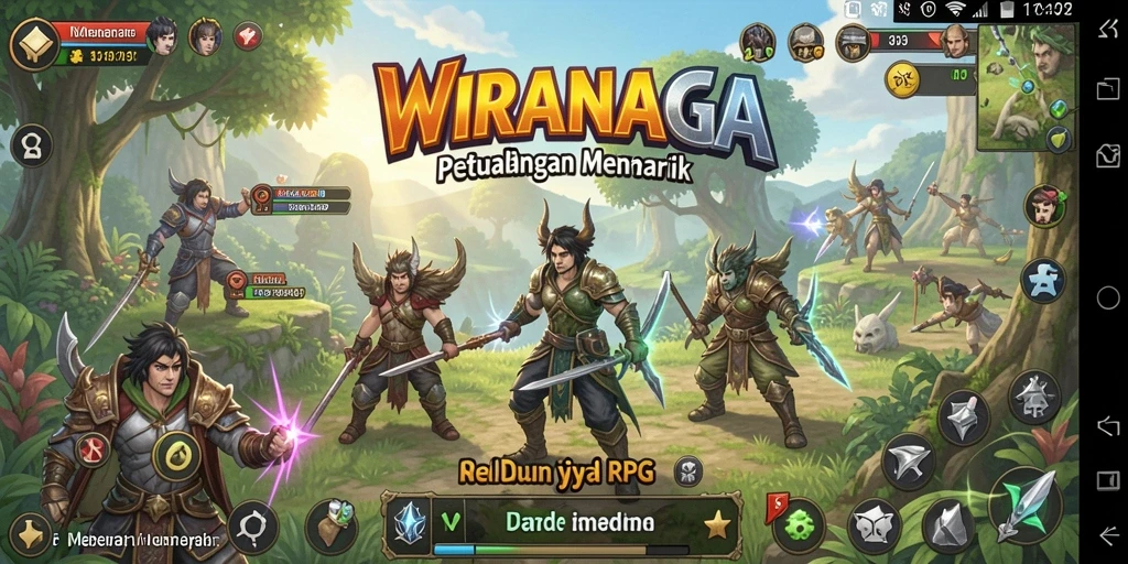 Screenshot gameplay WIRANAGA menampilkan pertarungan RPG yang epik.